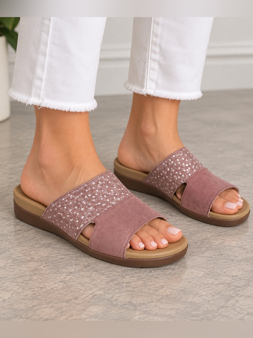 Spenco Dawn Mauve Leather Comfort Slide Sandals Sparkle Orthotic Size 8